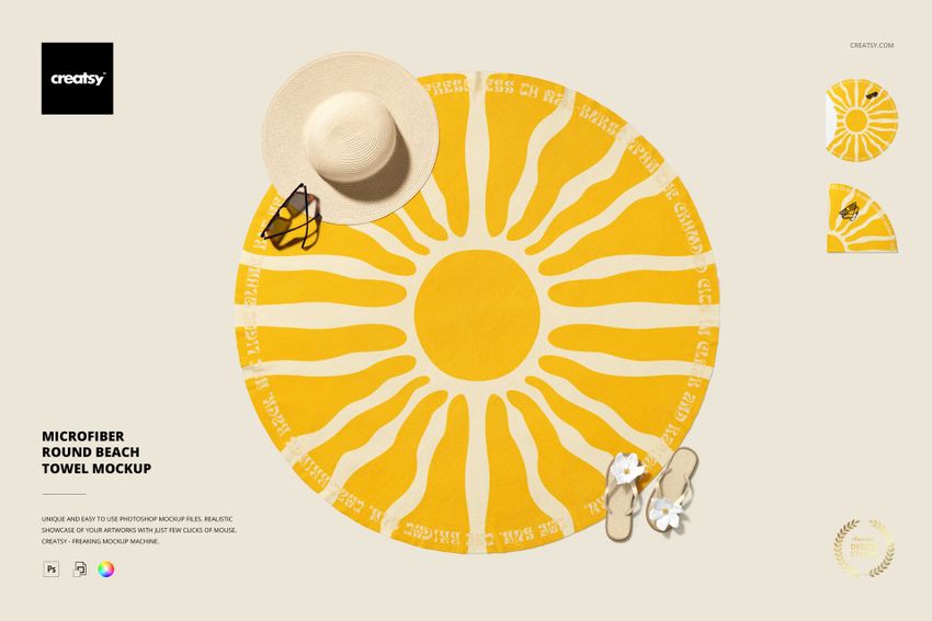 Microfiber round beach towel mockup with bold yellow and white sun design, shown from above with summer accessories.