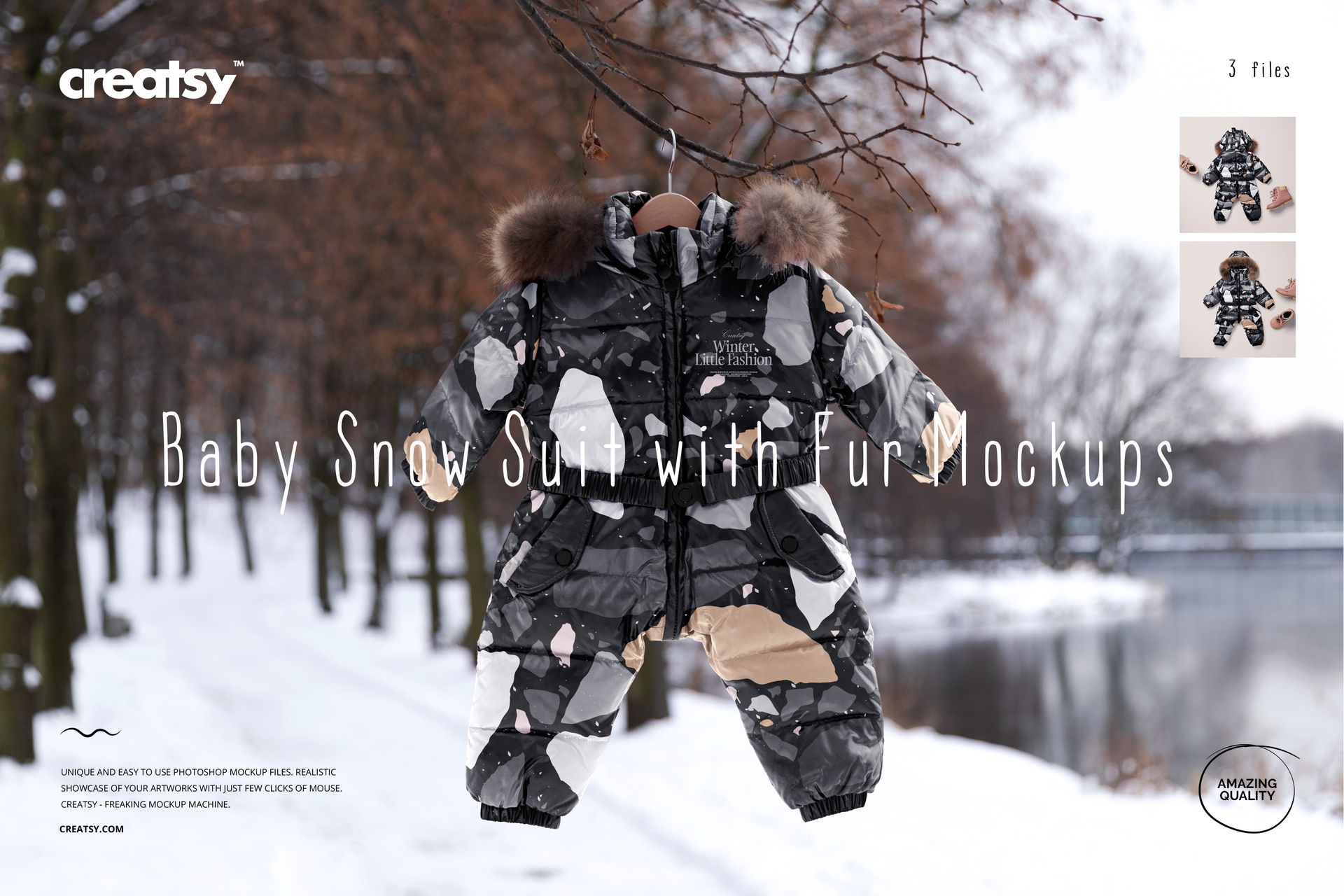 Baby snow suit mockup with fur trim, shown hanging against a winter landscape with trees and snow-covered ground.