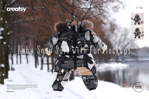 Baby snow suit mockup with fur trim, shown hanging against a winter landscape with trees and snow-covered ground.