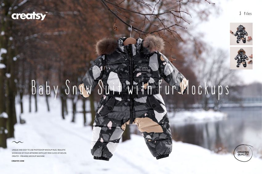 Baby snow suit mockup with fur trim, shown hanging against a winter landscape with trees and snow-covered ground.