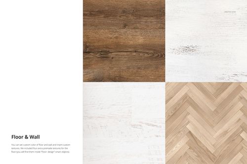 Wall tapestry mockup with four different floor and wall textures, including wood and light parquet, front view.