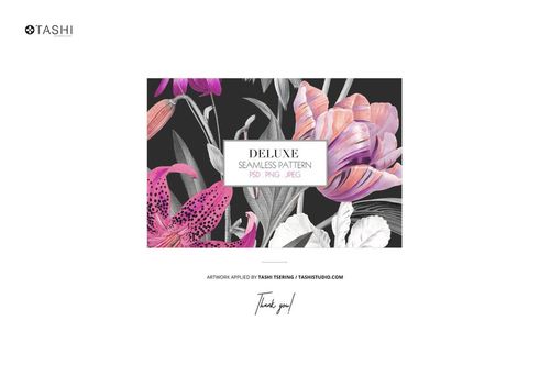 Rectangular fabric mockup featuring a seamless floral pattern in pink, purple, and white tones on a dark background.