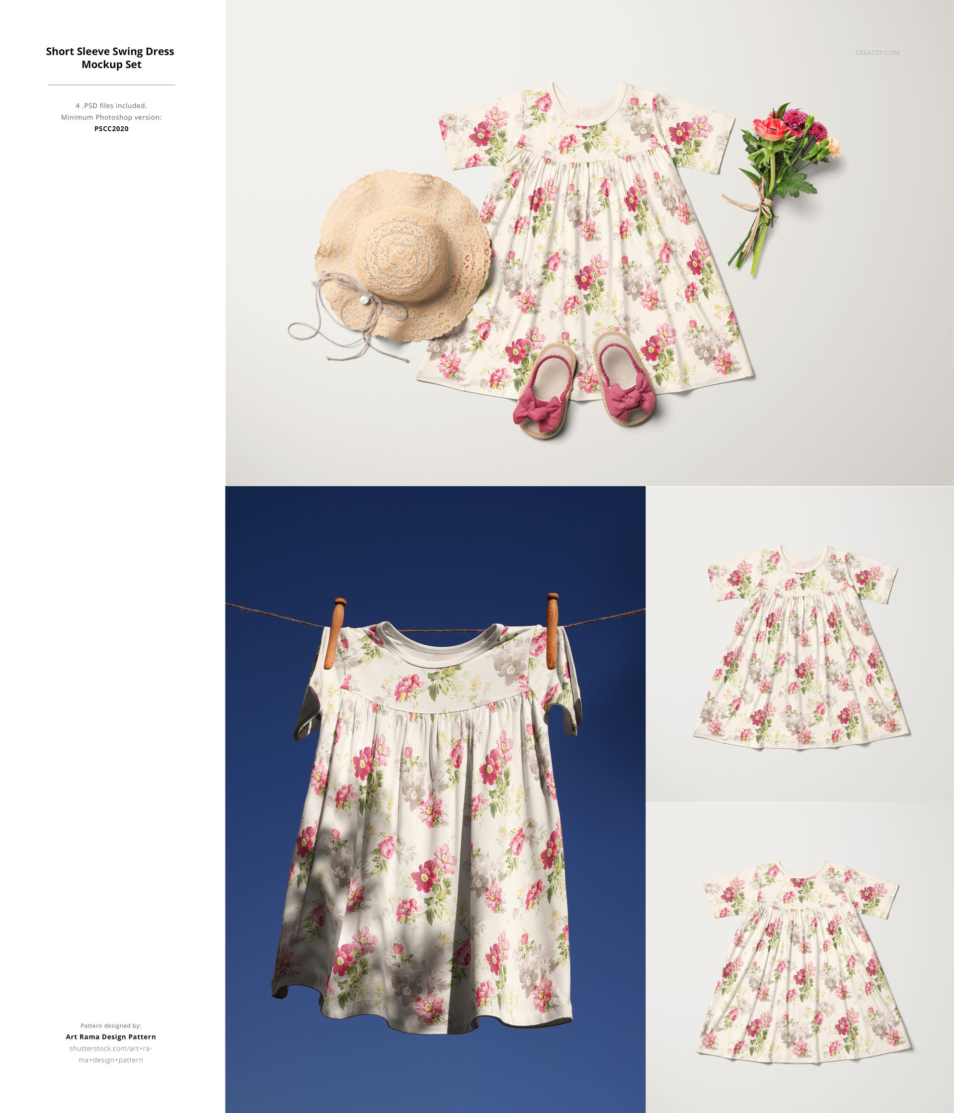 Floral short sleeve swing dress mockup for kids, shown with pink shoes, straw hat, and bouquet, front view.