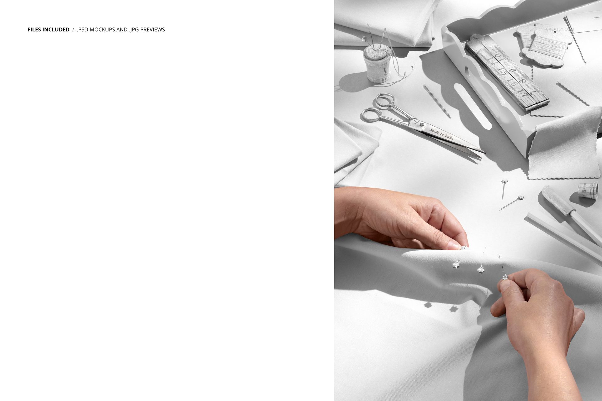 PSD mockup showing tailor hands handling soft jersey fabric, with sewing notions and paper patterns in a bright setting.