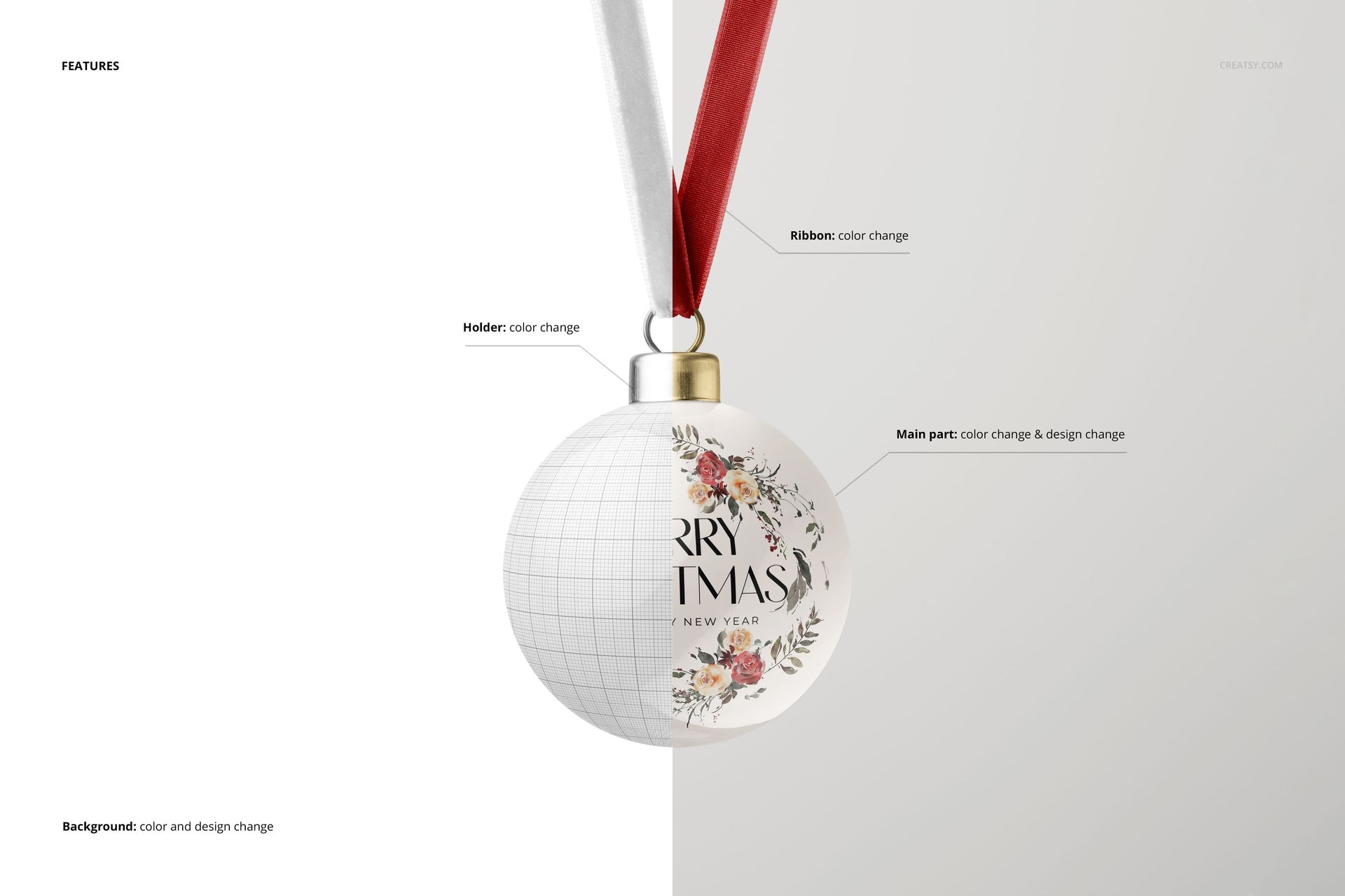 Front view of a round bone china Christmas bauble mockup with floral design, gold holder, and red ribbon on a white background.
