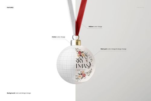 Front view of a round bone china Christmas bauble mockup with floral design, gold holder, and red ribbon on a white background.