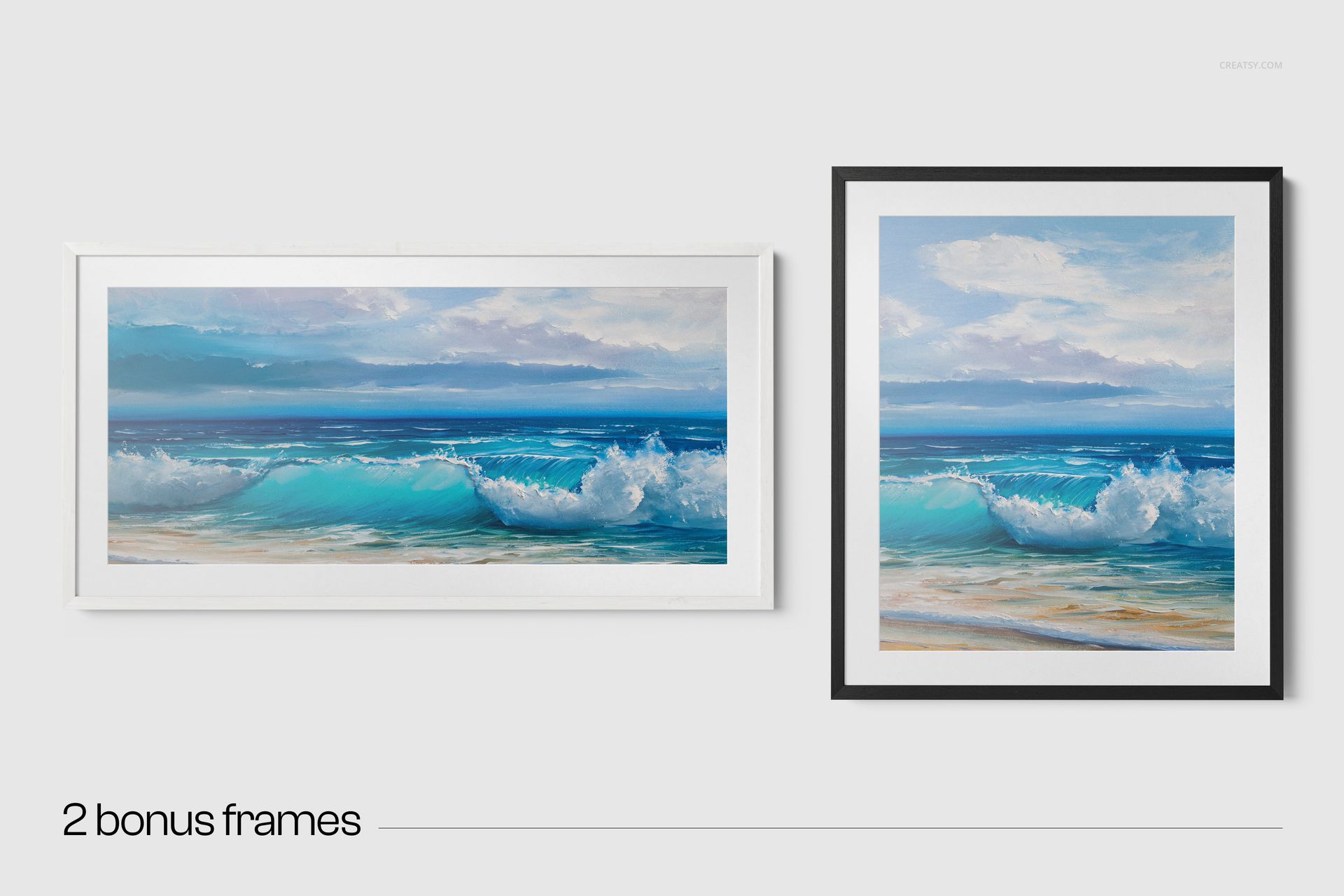 Horizontal and vertical wooden frames with seascape paintings, shown as a PSD mockup set against a plain backdrop.