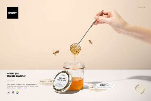 Honey jar mockup featuring a glass jar with orange honey, round lid sticker, and bees in a minimal scene.