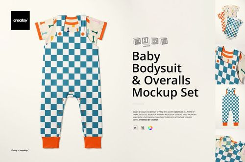 Front view of a baby bodysuit and overalls mockup featuring a blue and white checkerboard pattern with orange accents.