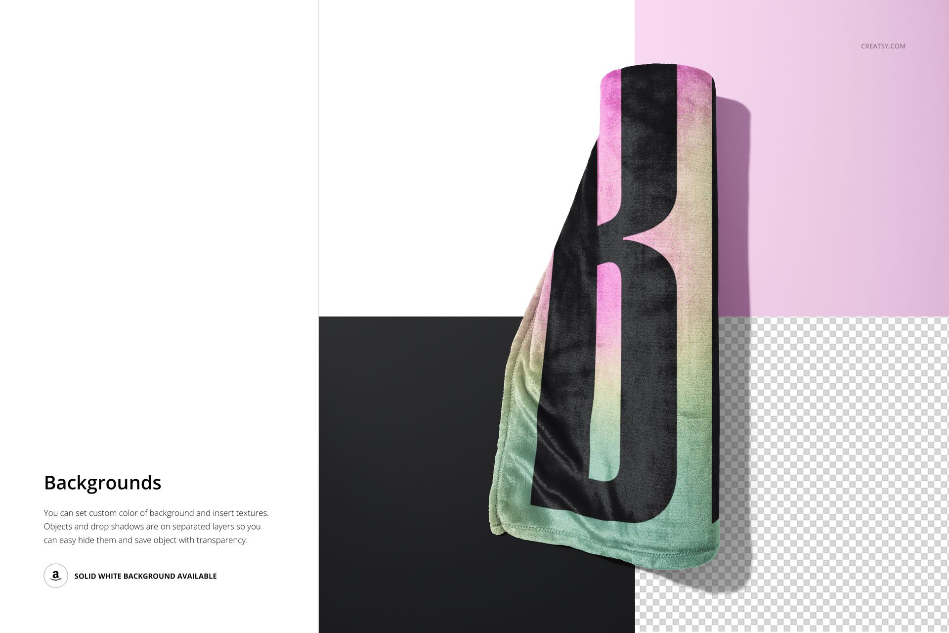 Fleece blanket mockup shown rolled at an angle, featuring a pastel gradient and bold black letter design.