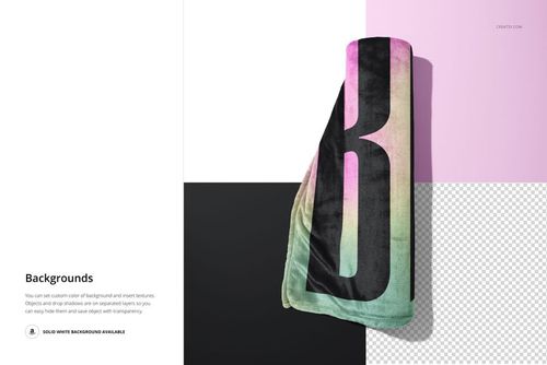 Fleece blanket mockup shown rolled at an angle, featuring a pastel gradient and bold black letter design.