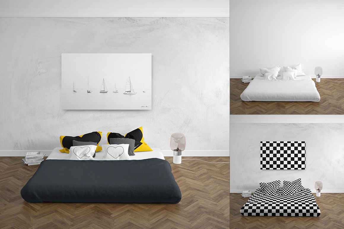 Bedroom bedding mockup set featuring a double bed with pillows, quilt, and wall art in a modern interior.
