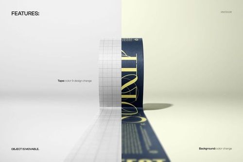 Wide tape mockup shown unrolled from a low angle, with grid and navy blue design on a split colored background.