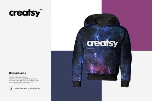 Kids hoodie mockup with a galaxy print displayed from the front, set against a background of purple, navy, and white blocks.