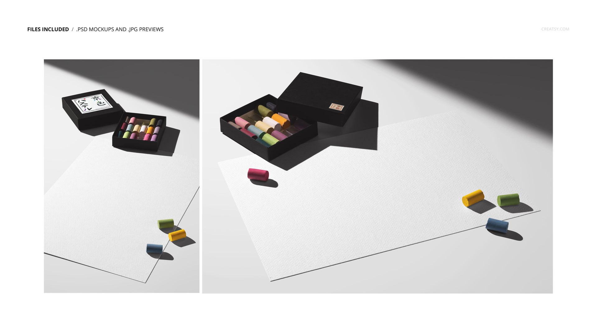 Horizontal and vertical poster print mockups with soft shadows, pastel sticks, and a traditional Japanese pastel box.