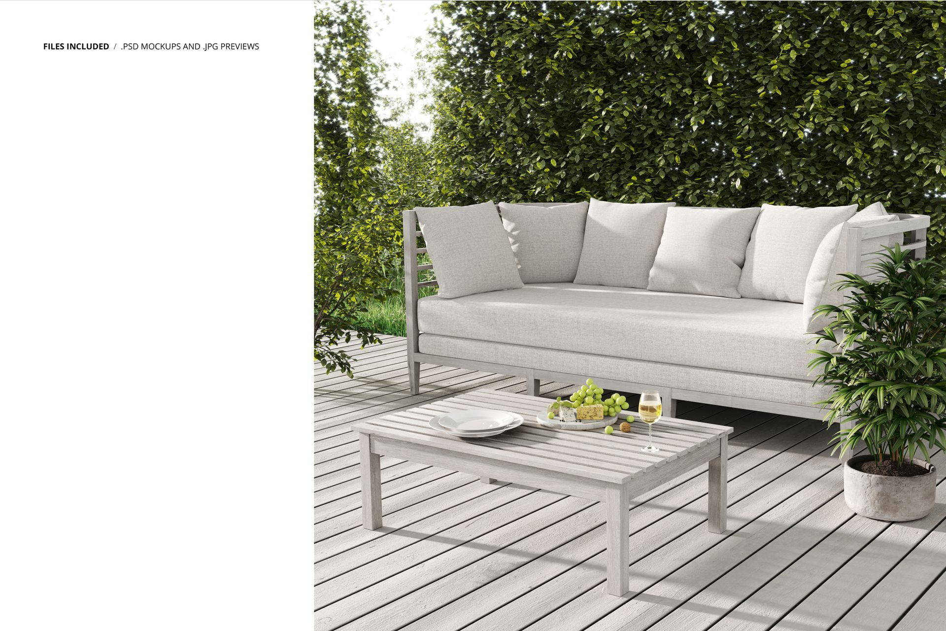 Front view of a modern sofa and pillows mockup set outdoors, featuring neutral tones and a leafy garden backdrop.