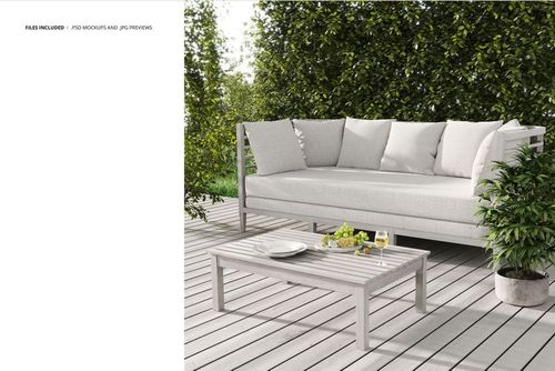 Front view of a modern sofa and pillows mockup set outdoors, featuring neutral tones and a leafy garden backdrop.