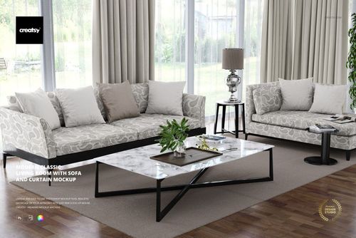 Front view of a classic living room mockup featuring two sofas, a marble table, and neutral curtains by large windows.