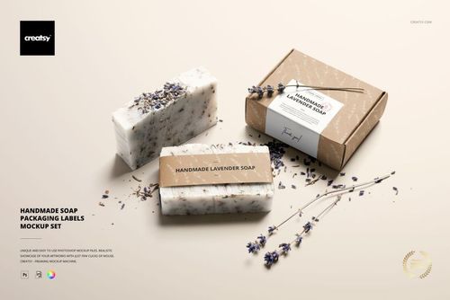 Handmade soap packaging labels mockup featuring two rectangular soap bars and a kraft paper box, viewed from above.