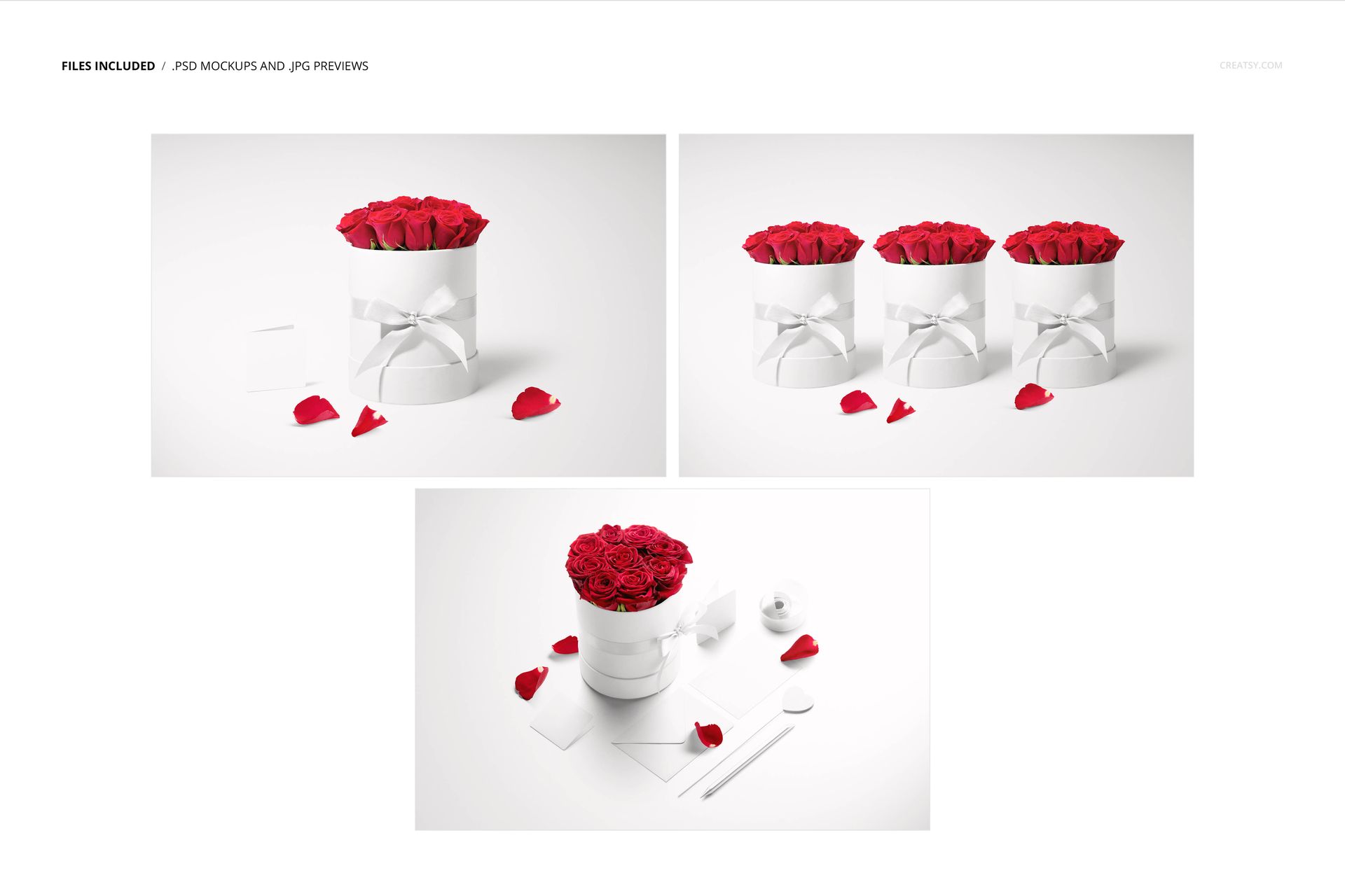 PSD mockup of a round white box with a ribbon, filled with red roses, displayed with petals and envelope props.