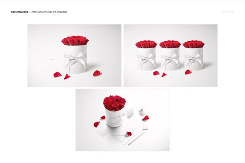 PSD mockup of a round white box with a ribbon, filled with red roses, displayed with petals and envelope props.