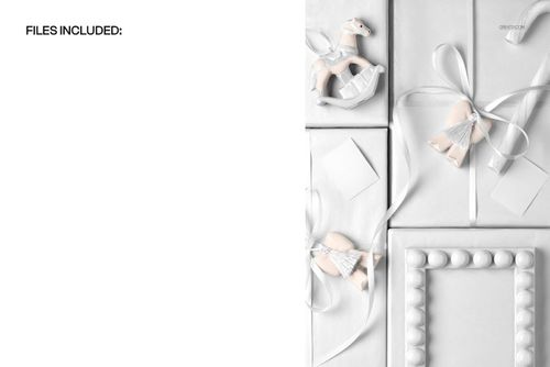 Top view of vintage-style Christmas presents wrapped in white paper with ribbon and festive ornaments, PSD mockup scene.