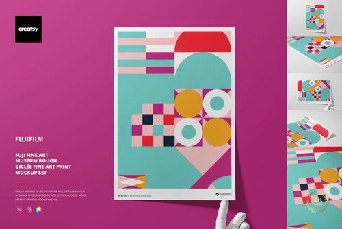 A3 fine art print mockup featuring a geometric abstract design with bold colors on a pink background, front view.