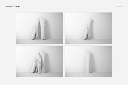 Set of four fringed rugs mockup, each rug rolled and leaning against a plain white wall in a simple interior.