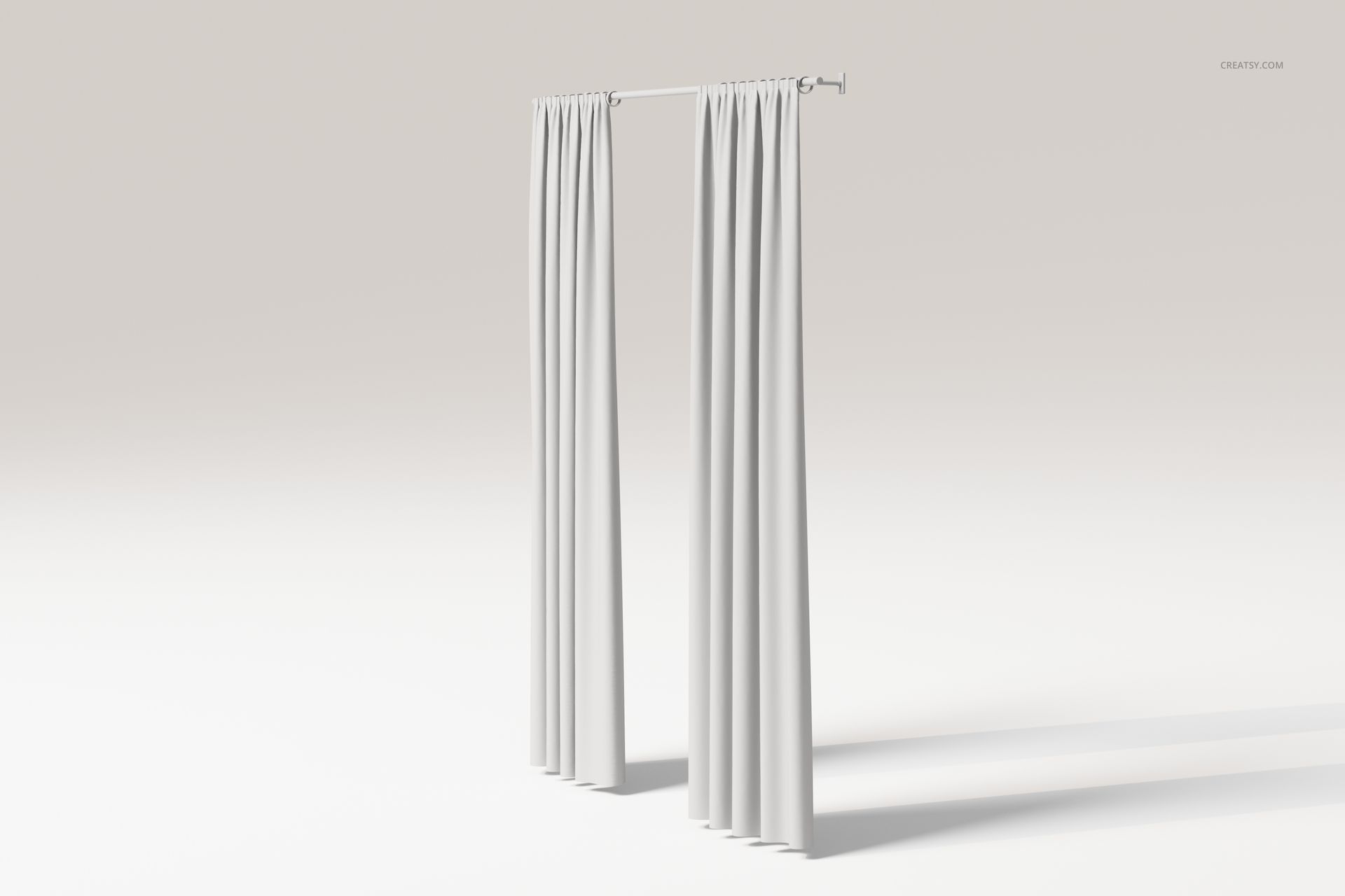 Double panel curtains in light gray fabric, partially closed, shown from a front view against a neutral background.