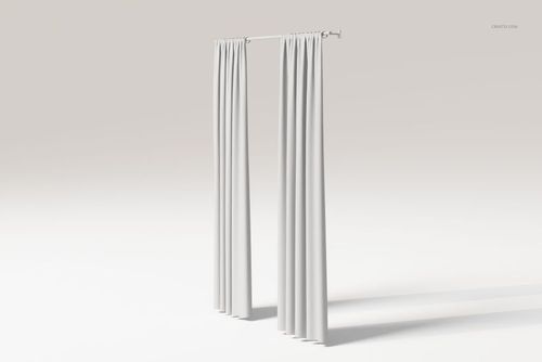 Double panel curtains in light gray fabric, partially closed, shown from a front view against a neutral background.