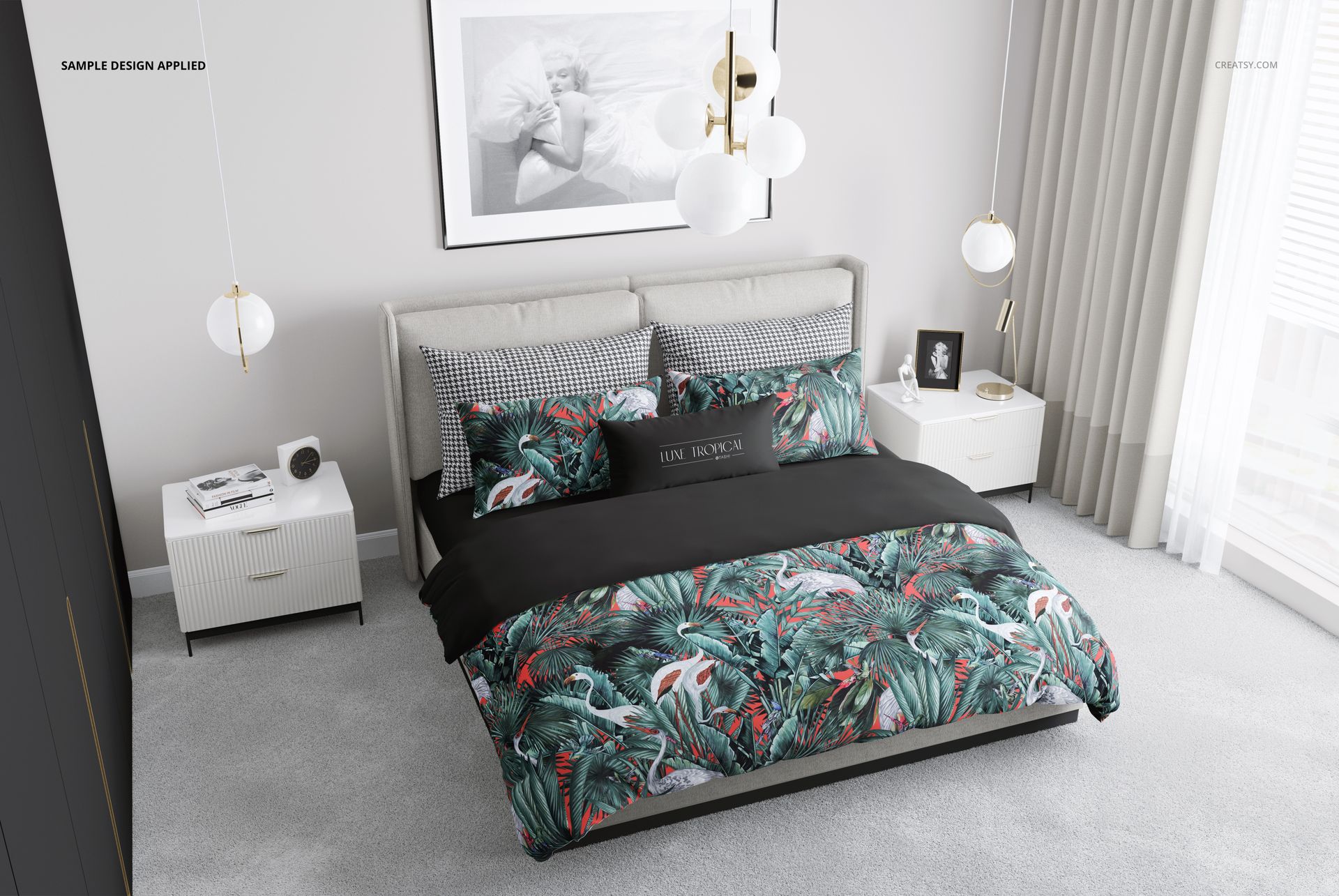 Bedroom scene PSD mockup showing a bed with jungle-themed bedding, two bedside tables, and contemporary decor elements.