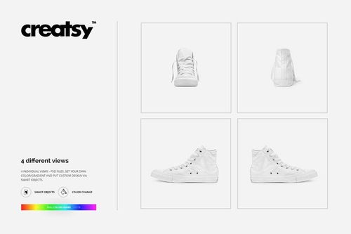 White high-top sneakers mockup shown in four different views including front, side, back, and angled perspectives.