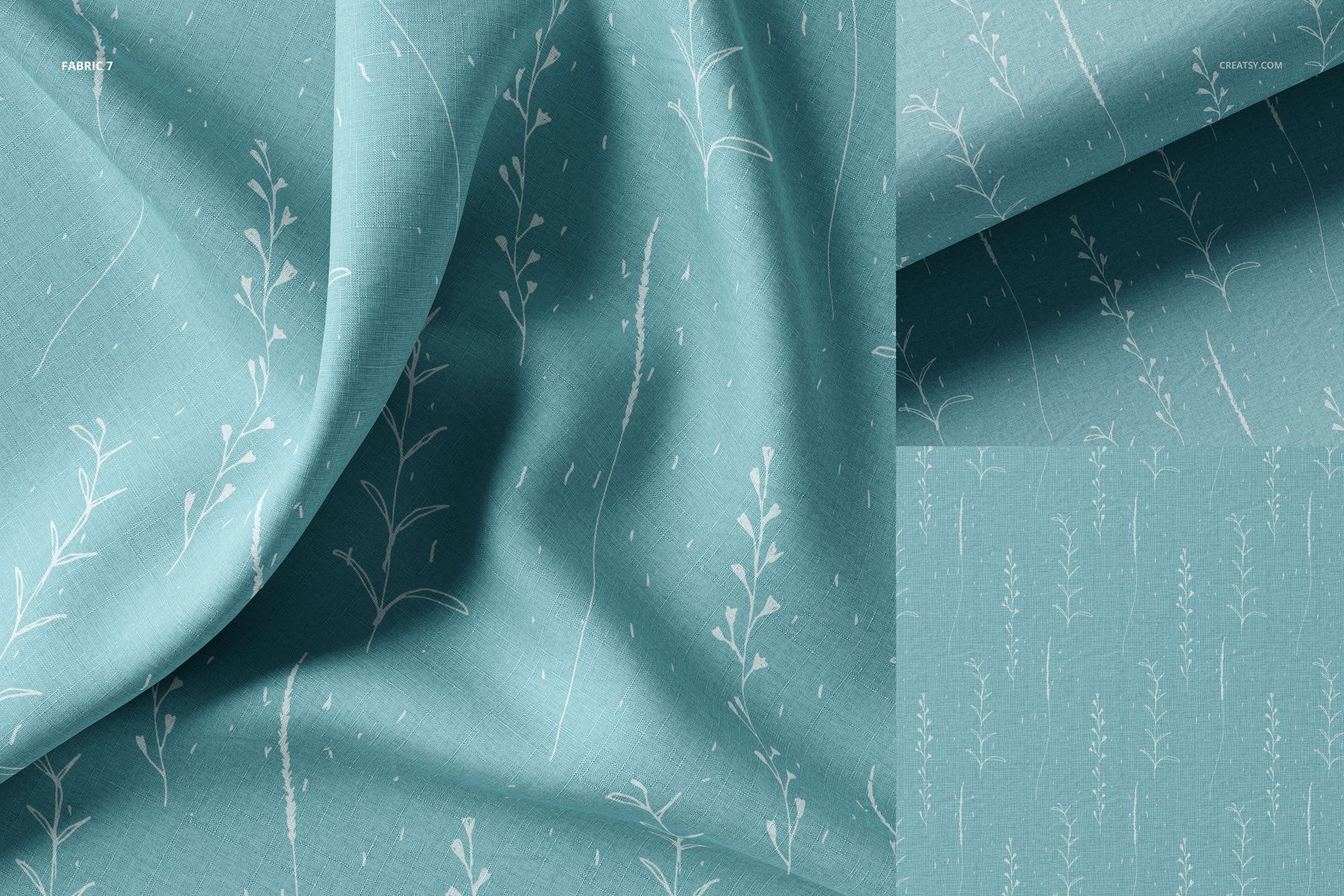 Fabric tester mockup set featuring soft blue textile with delicate white plant motifs, displayed in various perspectives.