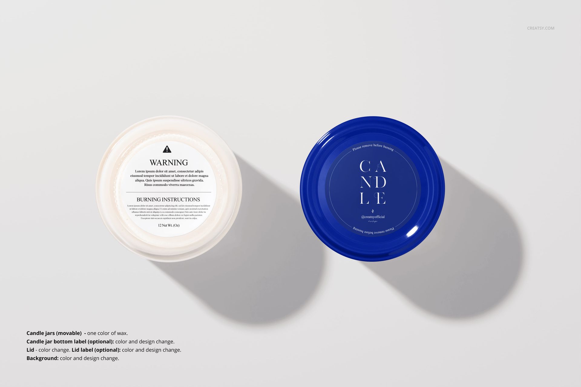 Overhead perspective of scented soy candle mockup jars, featuring a white jar with instructions and a blue jar labeled candle.