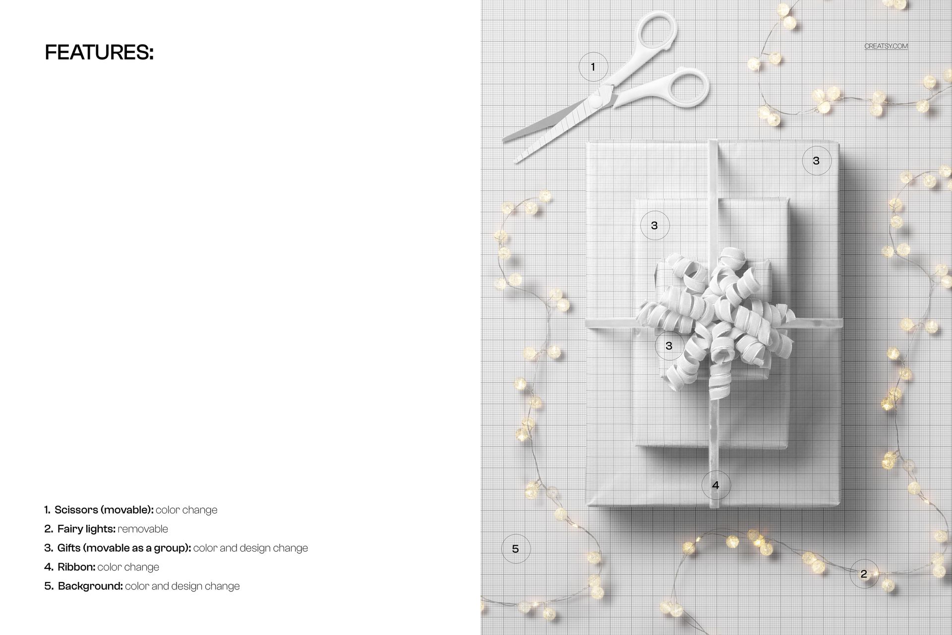 Top view of a Christmas gift mockup featuring a white ribbon, fairy lights, scissors, and a grid-patterned background.