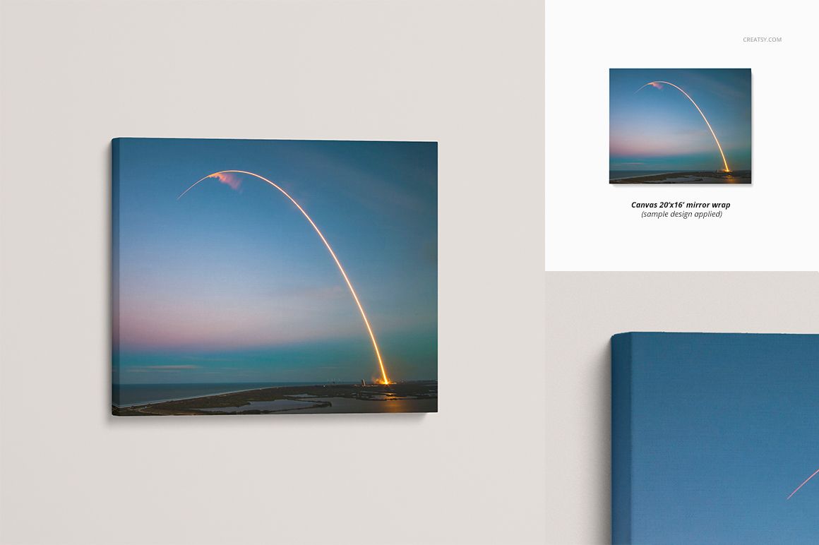 PSD mockup of a rectangular canvas print featuring a rocket launch scene, displayed with a clean white backdrop.