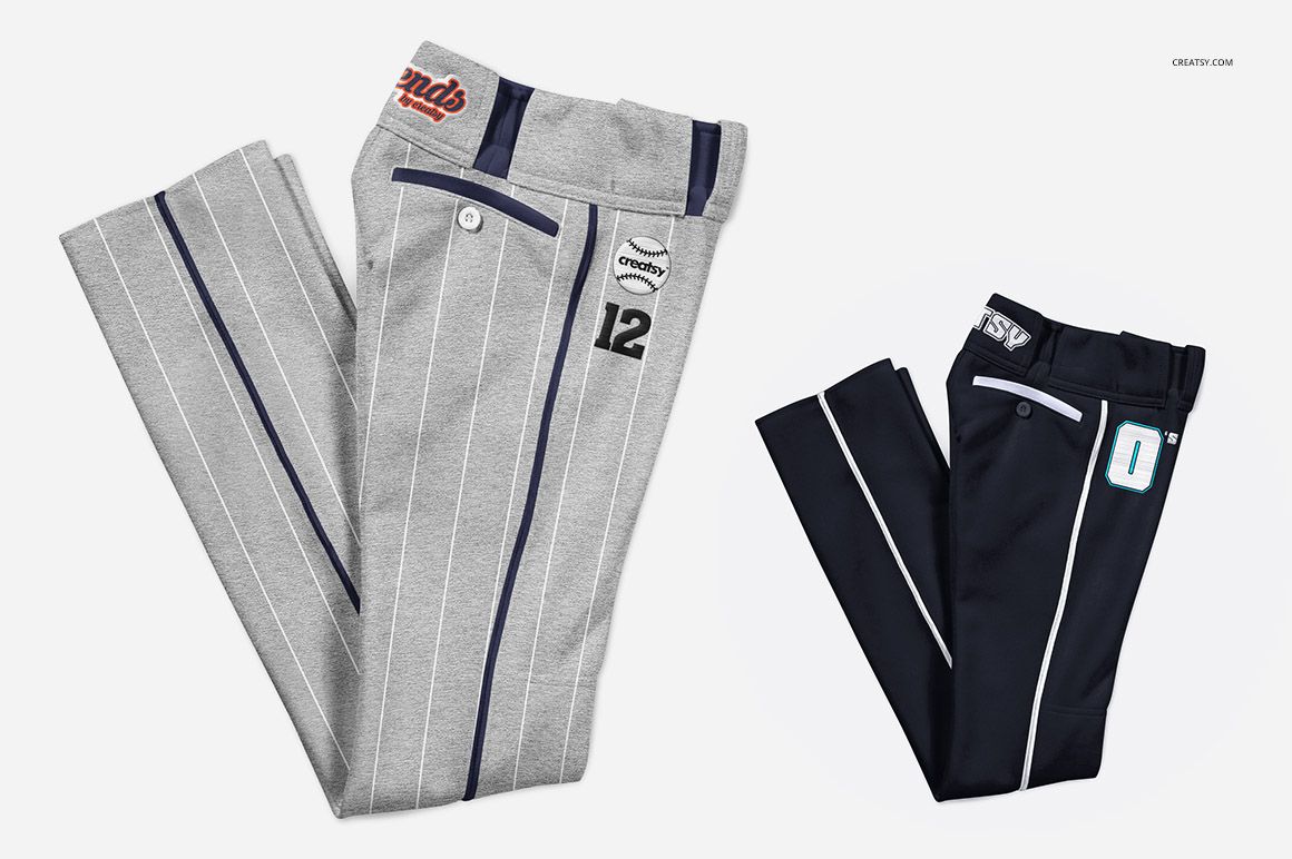 Folded baseball pants mockup set showing two pairs in gray and navy tones with vertical stripes on a white background.