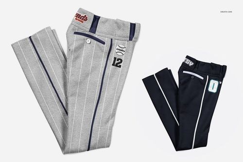 Folded baseball pants mockup set showing two pairs in gray and navy tones with vertical stripes on a white background.