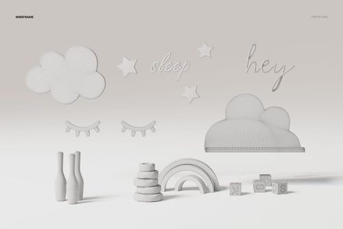 Front view of nursery decor 3D models including clouds, stars, words, vases, rainbow, and toy blocks in neutral tones.