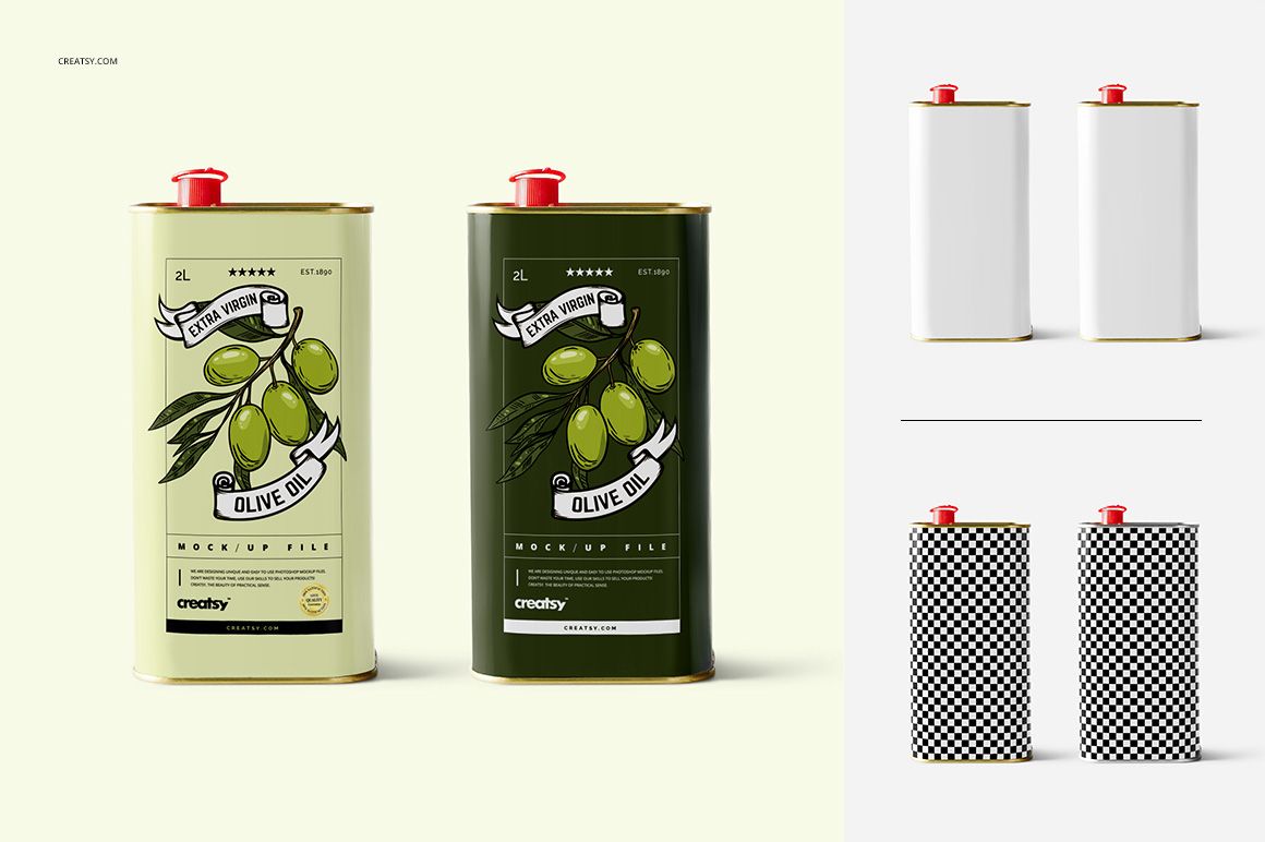 Olive oil tin container mockup set showing two rectangular tins with red lids and editable design panels.