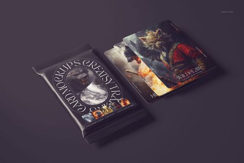 Fantasy-themed trading cards and a mockup pack arranged on a purple background, highlighting detailed illustrations.