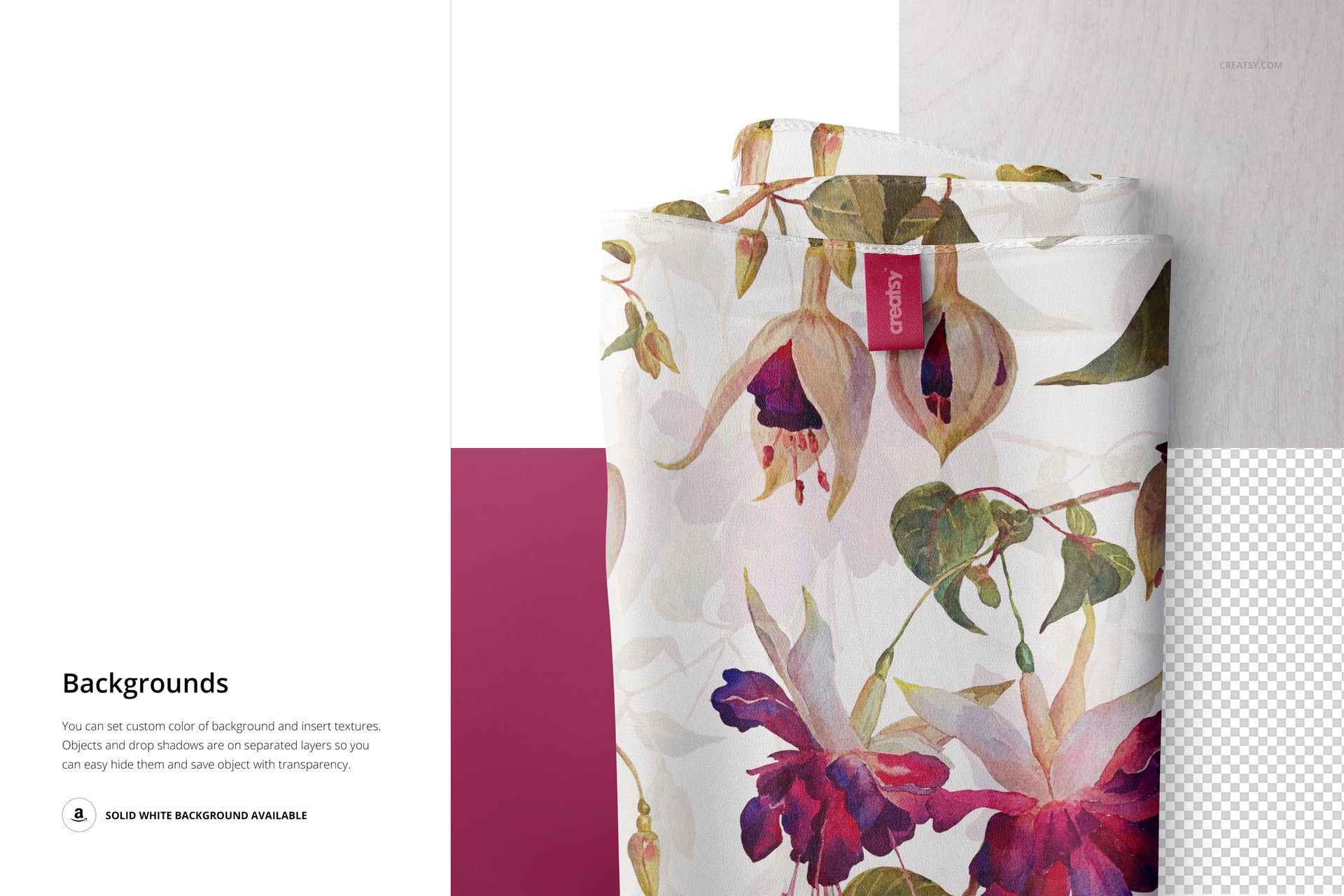Folded silk scarf mockup with a pink label and botanical print, shown from a close-up perspective on mixed backgrounds.