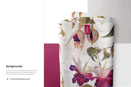 Folded silk scarf mockup with a pink label and botanical print, shown from a close-up perspective on mixed backgrounds.
