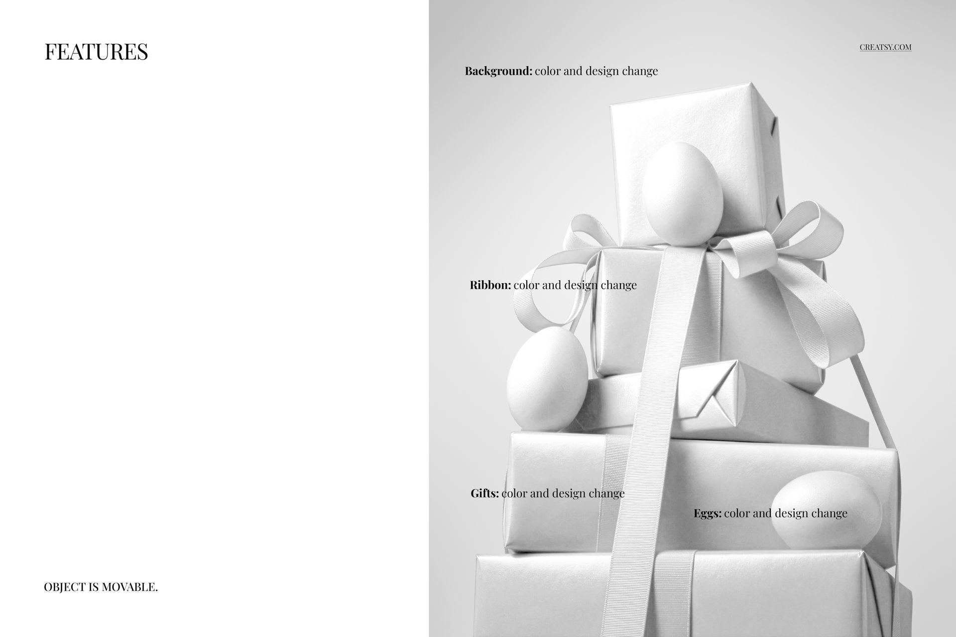 Front view of a stack of wrapped gifts with ribbons and Easter eggs, shown in a monochrome PSD mockup scene.