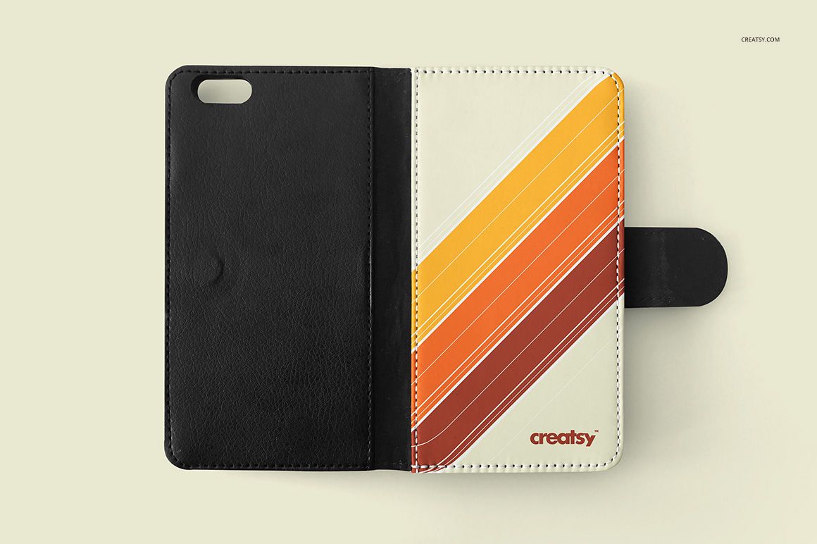 Foldable phone case mockup shown open, featuring black interior and striped orange, yellow, and brown cover design.
