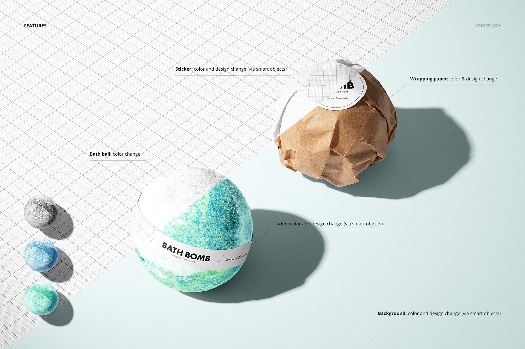 Bath bomb mockup set featuring two bath bombs, one wrapped in brown paper and one exposed, on a light blue surface.