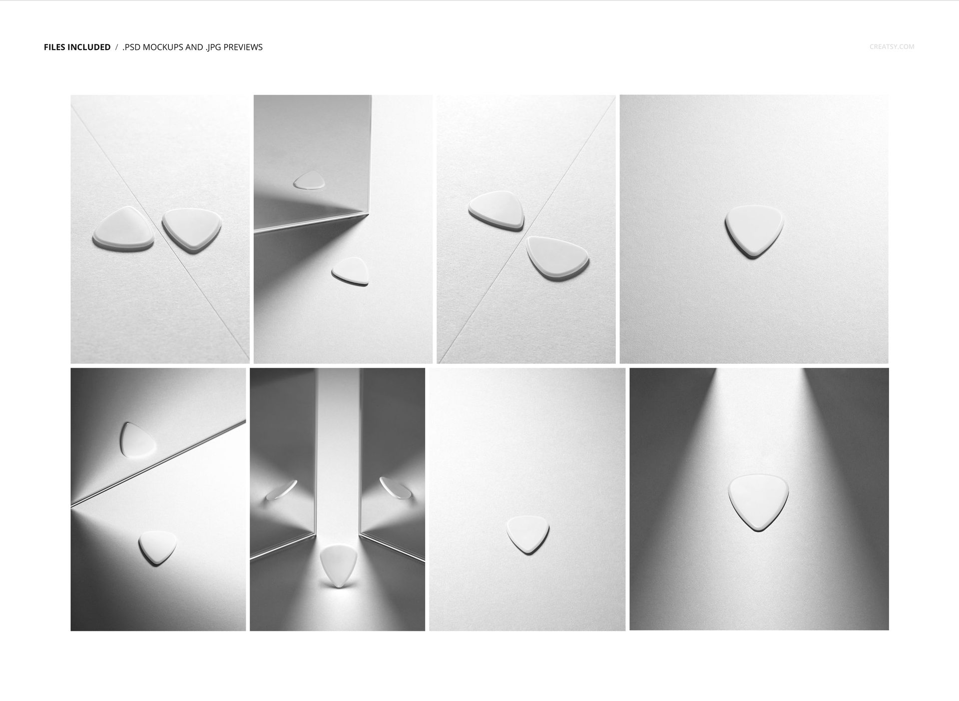 Guitar pick PSD mockup set with multiple picks arranged on textured backgrounds, highlighting reflections and bold lighting.