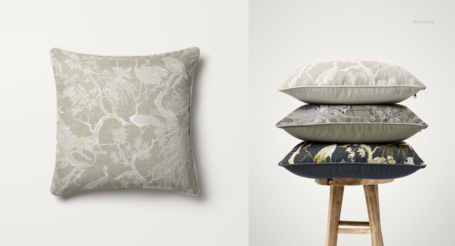 Front view of a piped cushion with a subtle botanical design, next to a side view stack in a PSD mockup scene.