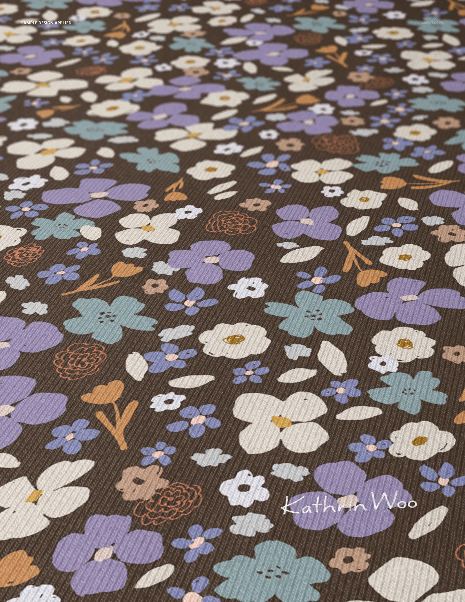 Angled view of jersey fabric mockup featuring a floral pattern in blue, purple, white, and brown colors.