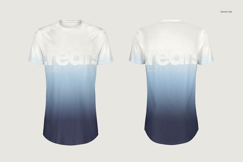 Front and back view of a longline t-shirt mockup with a white to blue gradient design on a light background.